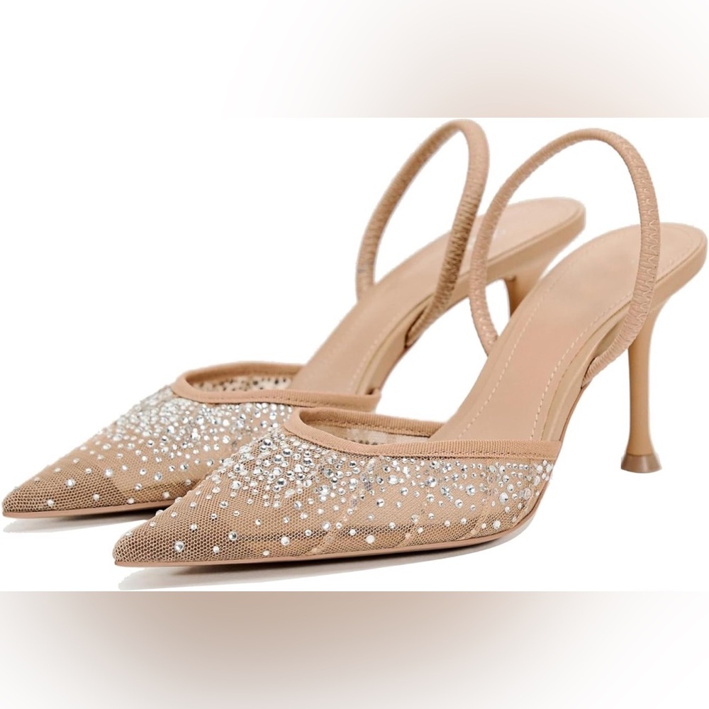 Women High Heeled Mesh Rhinestone Slingback Pumps Elegant Sandals Party 8/ 9.5